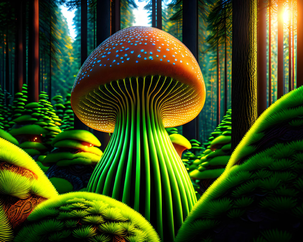 Fantastical glowing mushroom in enchanted forest