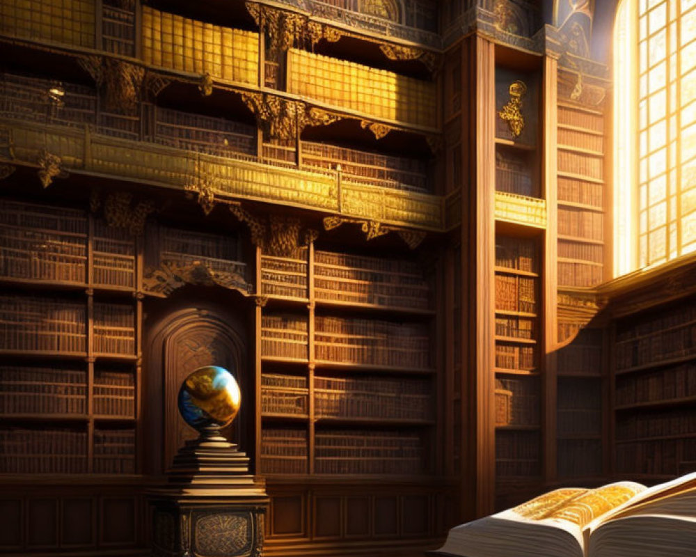 Ornate library with wooden bookshelves, glowing globe, intricate patterns, sunlight through arched