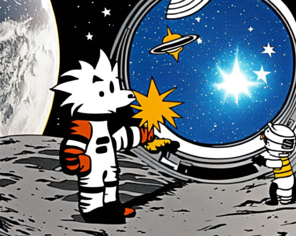 Two characters in spacesuits explore the moon in a cartoon scene.