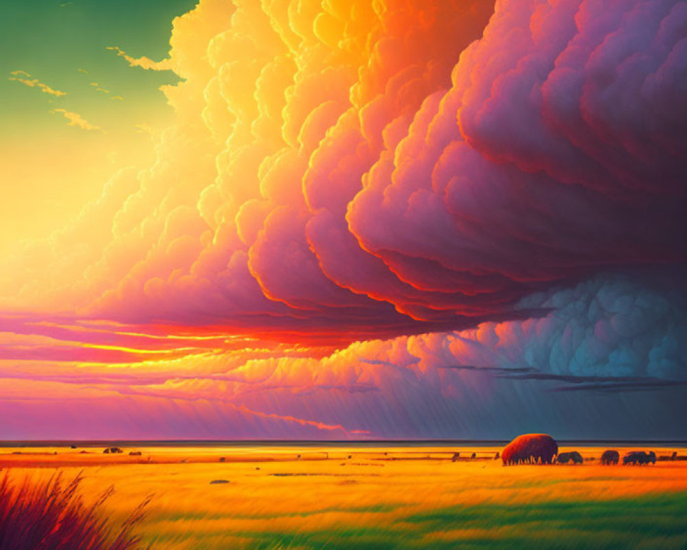 Dramatic sunset landscape with vibrant cumulus clouds