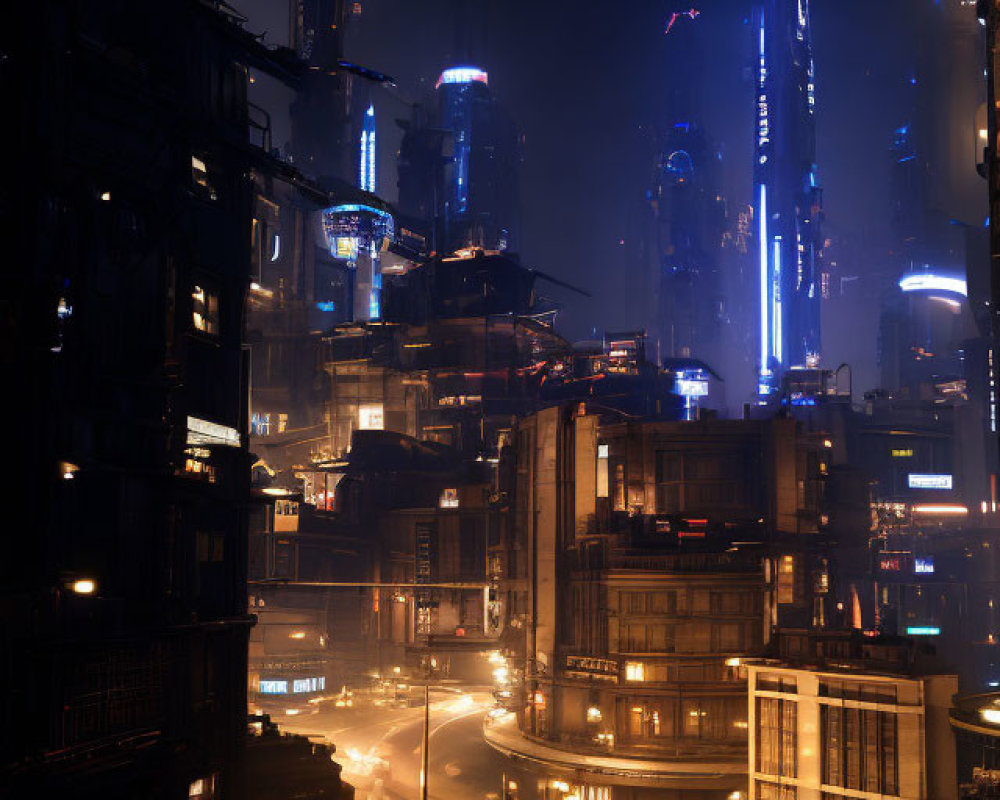 Futuristic nighttime cityscape with neon-lit buildings