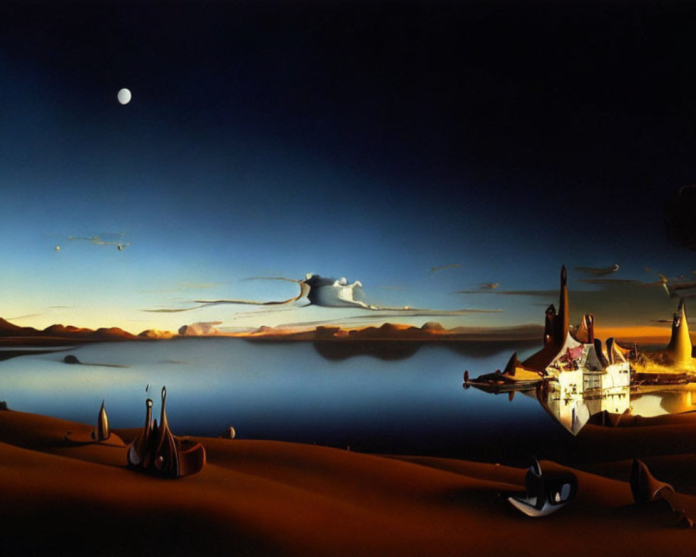 Surrealistic landscape painting with melting clocks, tranquil lake, and distorted objects