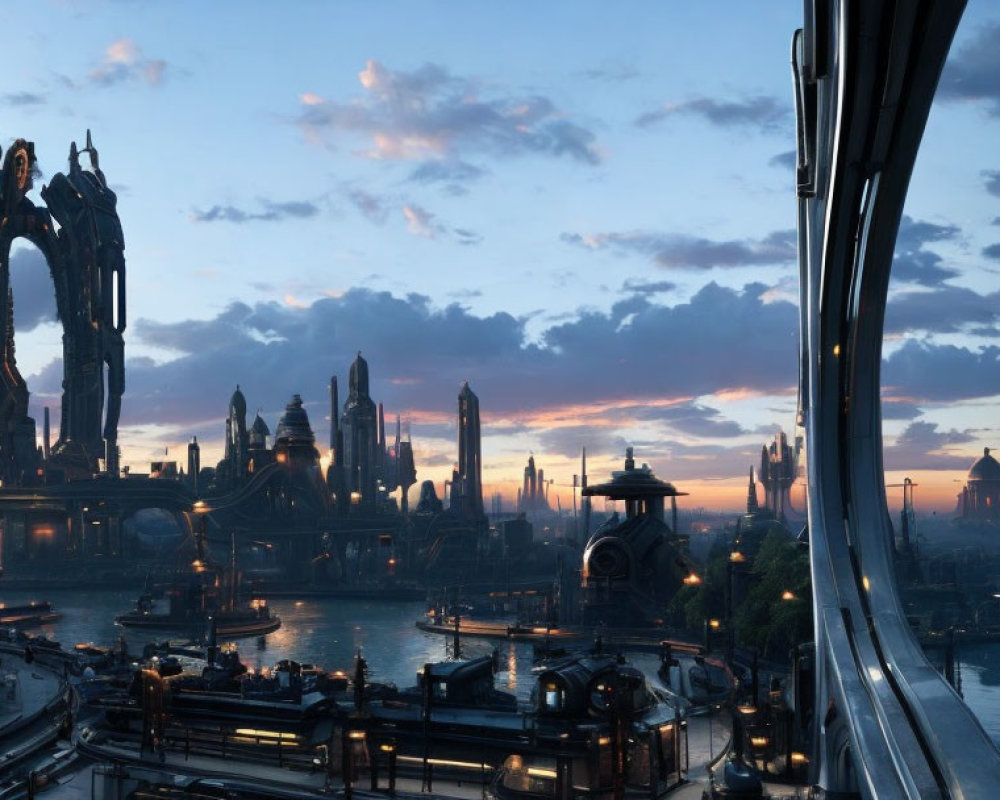 Futuristic cityscape with tall skyscrapers and flying vessels at dusk