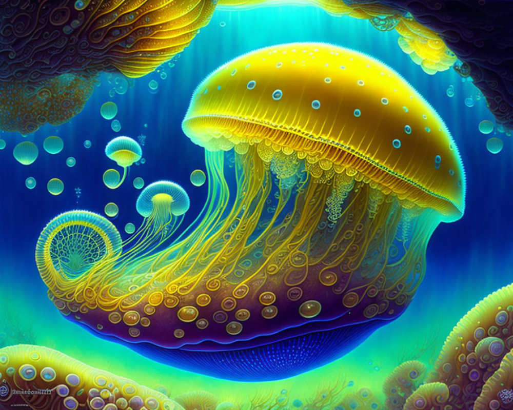 Colorful Jellyfish Illustration in Deep-Sea Setting