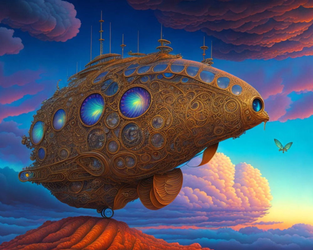 Ornate airship with colorful windows in vibrant sunset sky