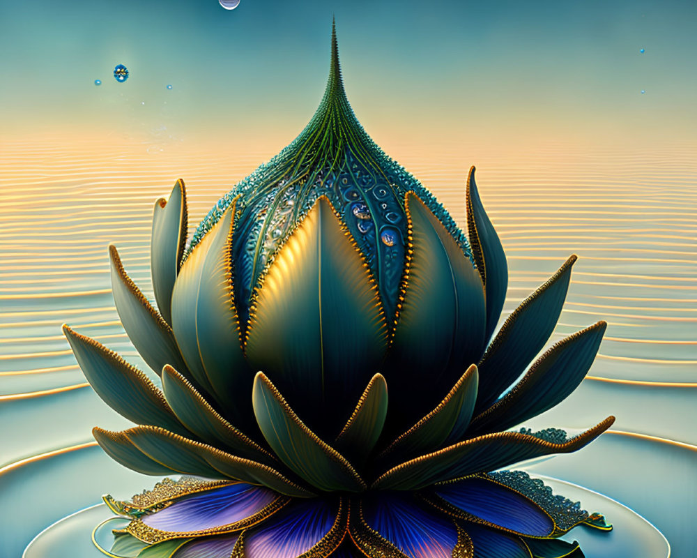 Iridescent lotus-like structure on water at sunset with bubbles and distant planet