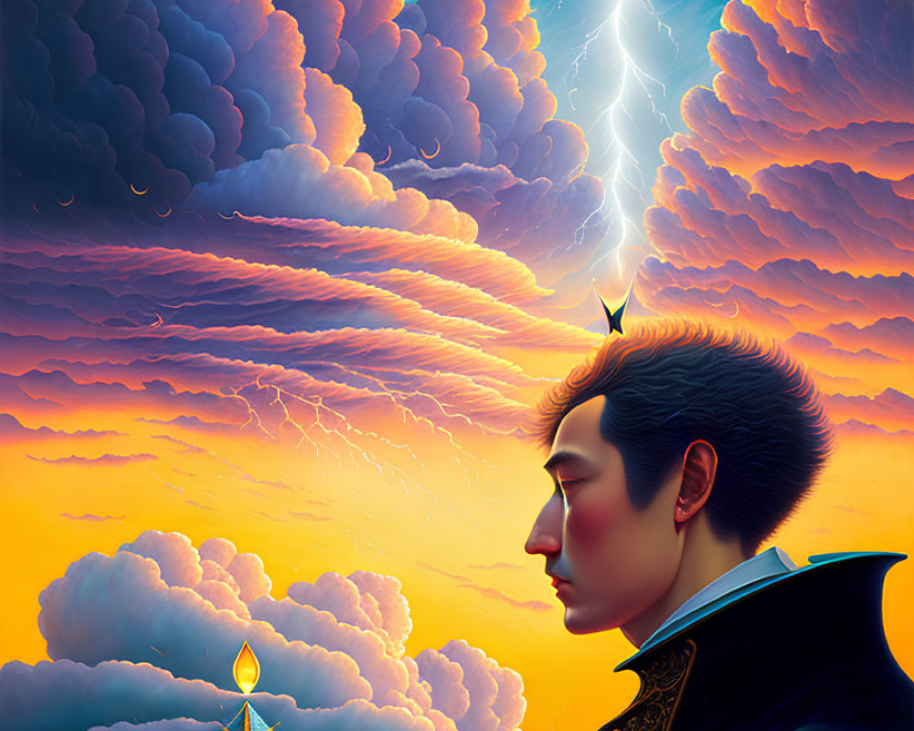 Surreal portrait of man with light crown, vivid sky, lightning, and burning candle