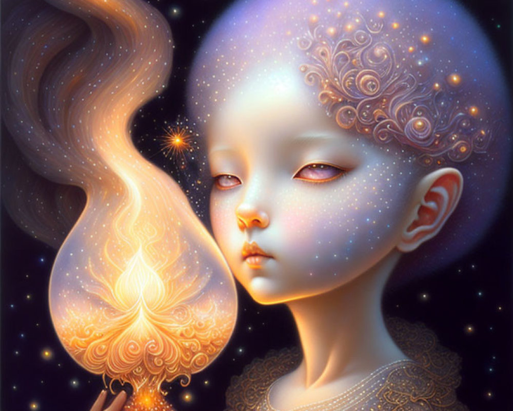 Child with Cosmic Features Holding Glowing Flame Object on Starry Background
