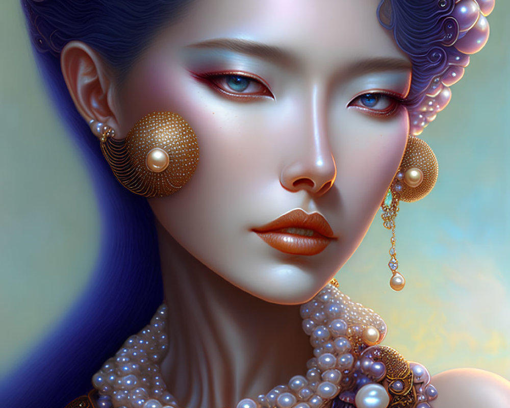 Blue-skinned woman with pearl accessories and gold earrings on blue background