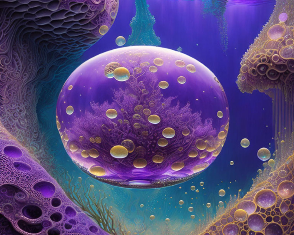 Vibrant Purple Underwater Scene with Bubble Ecosystem and Coral Structures