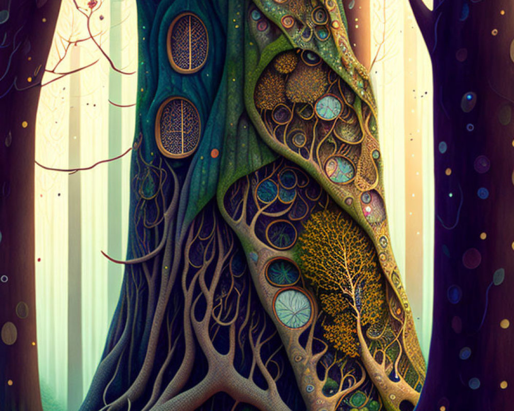 Detailed whimsical forest illustration with stylized trees and circular windows.