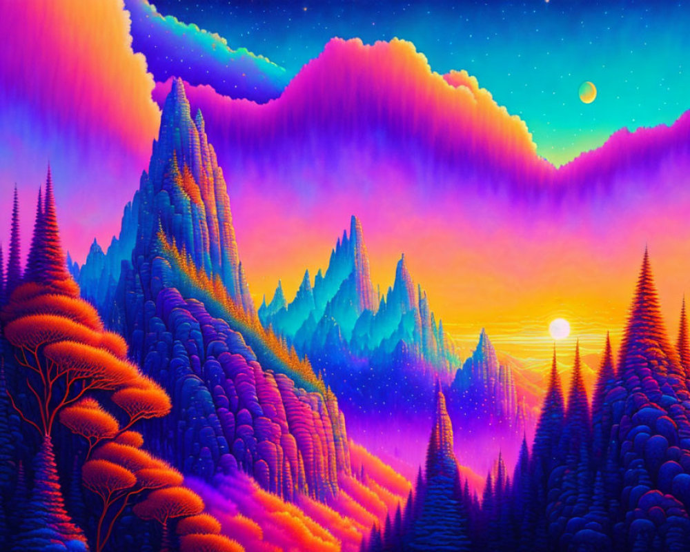 Surreal landscape with purple and pink hues, stylized mountains, trees, and starry sky