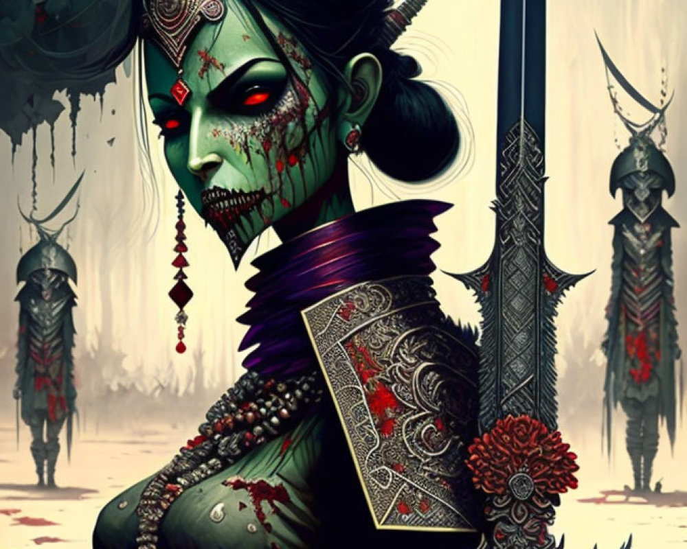 Stylized undead warrior woman with green skin and spear in ominous setting