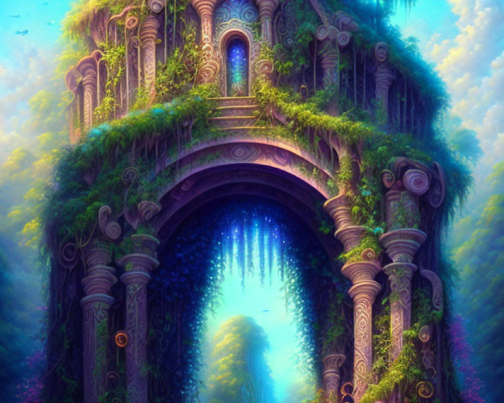 Mystical treehouse digital painting with lush greenery and waterfall doorway