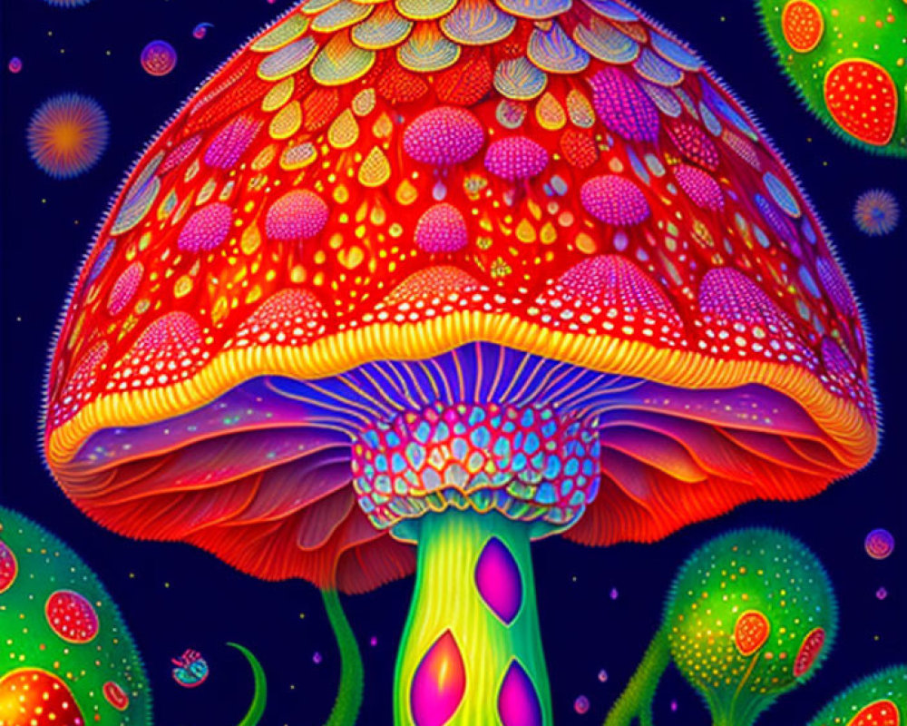 Colorful Mushroom Illustration with Psychedelic Patterns & Glowing Flora