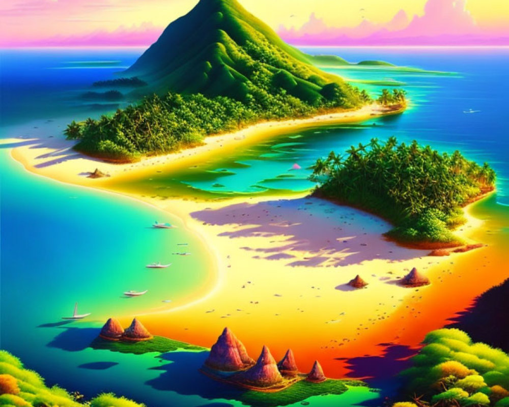 Tropical island scene with lush mountain, colorful trees, serene beach, boats, sunset sky, birds