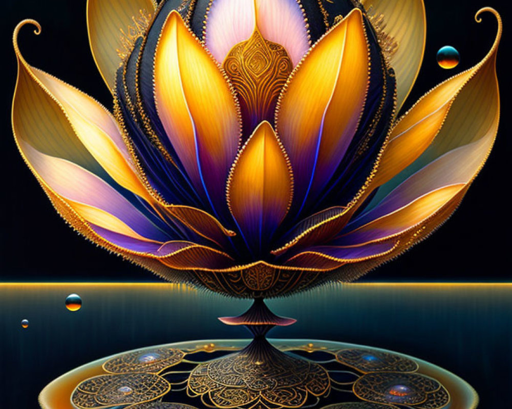 Colorful digital artwork: stylized lotus flower with gold details on dark background