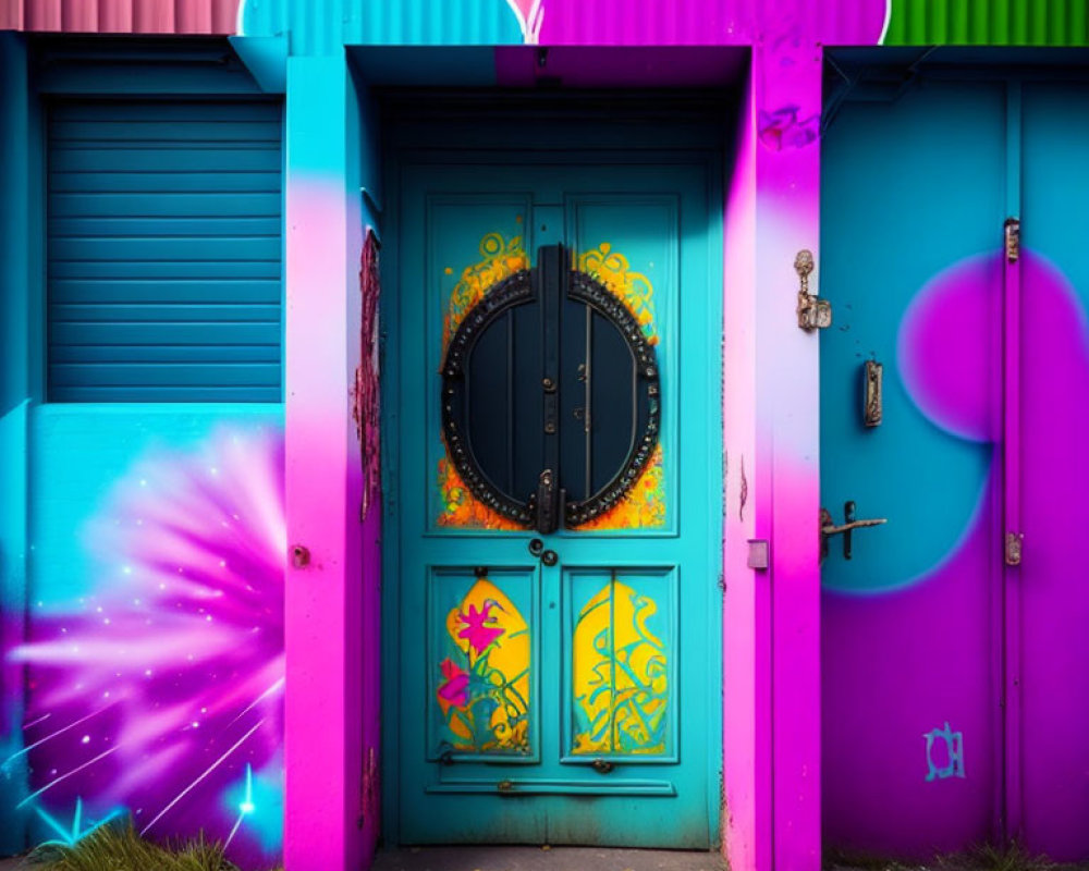 Colorful Building Façade with Vibrant Doorway and Ornate Graffiti