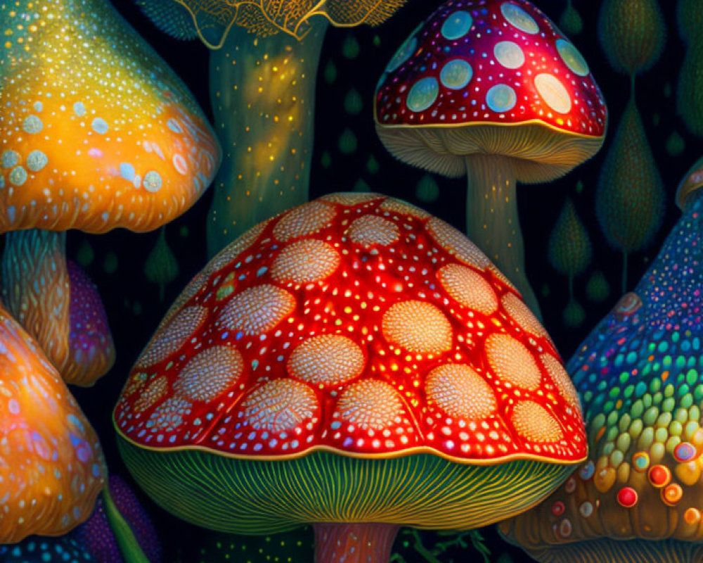 Vibrant glowing mushroom illustration on dark, dotted background