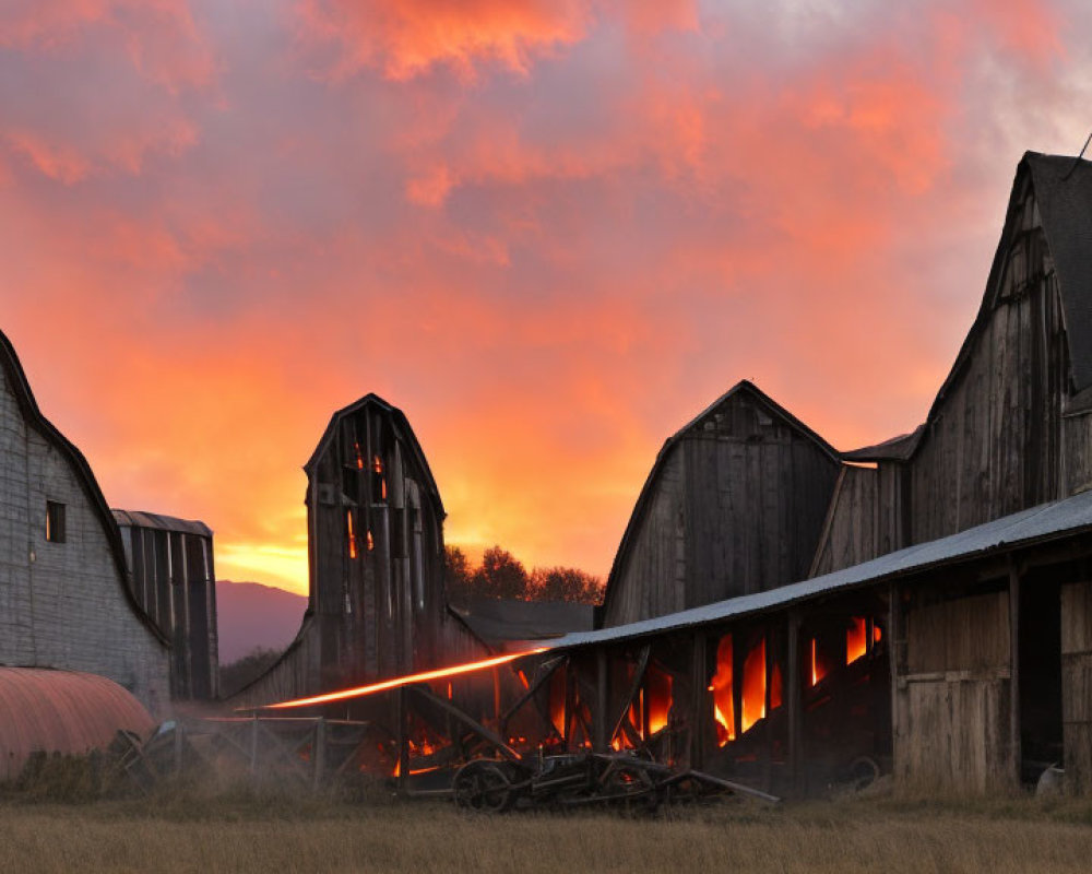 Rural farm scene: sunset with fiery orange clouds, old wooden barns, farming equipment, dramatic