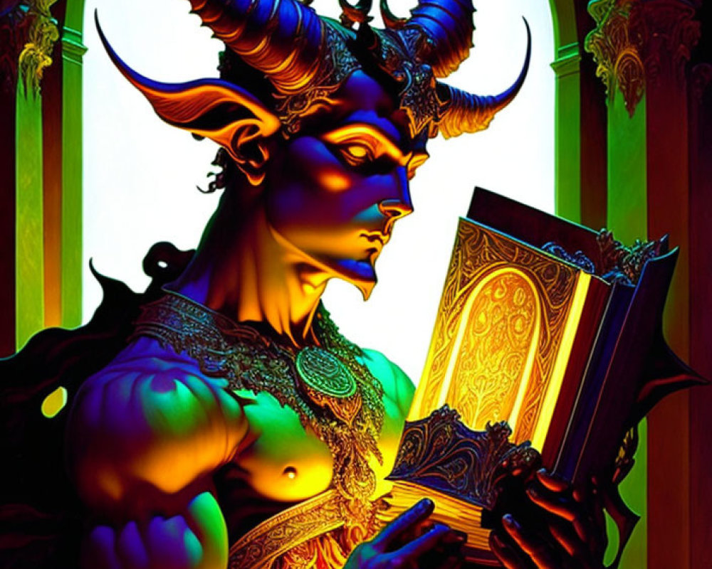 Stylized figure with horns reading book by stained-glass window