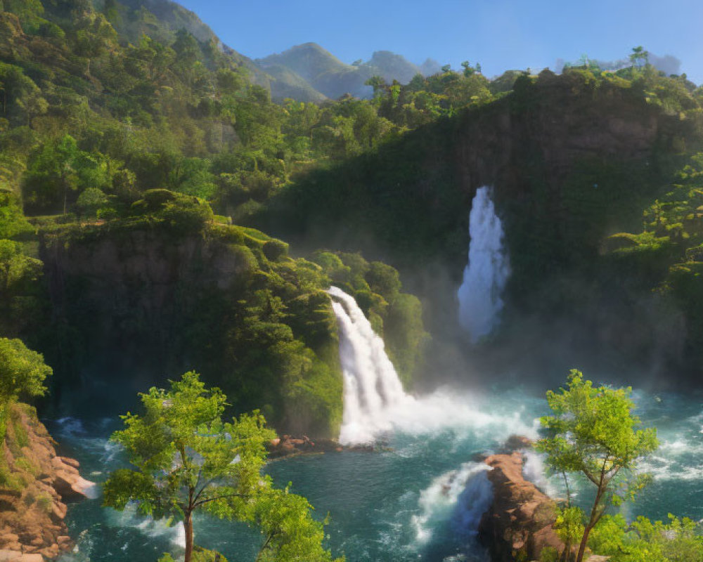 Scenic landscape with cascading waterfall and lush greenery