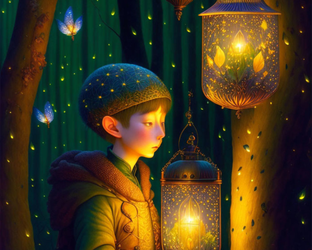 Child in mystical forest with lantern and twinkling lights