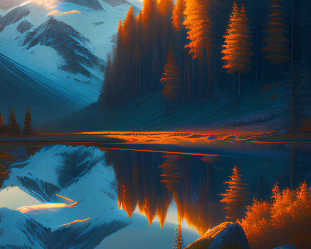 Alpine lake with golden trees, snow-capped mountains, and crescent moon at sunset
