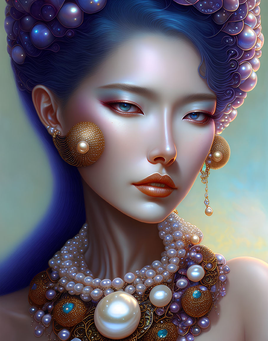 Blue-skinned woman with pearl accessories and gold earrings on blue background