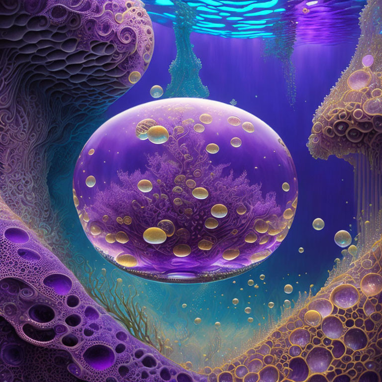 Vibrant Purple Underwater Scene with Bubble Ecosystem and Coral Structures
