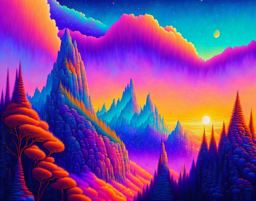 Surreal landscape with purple and pink hues, stylized mountains, trees, and starry sky