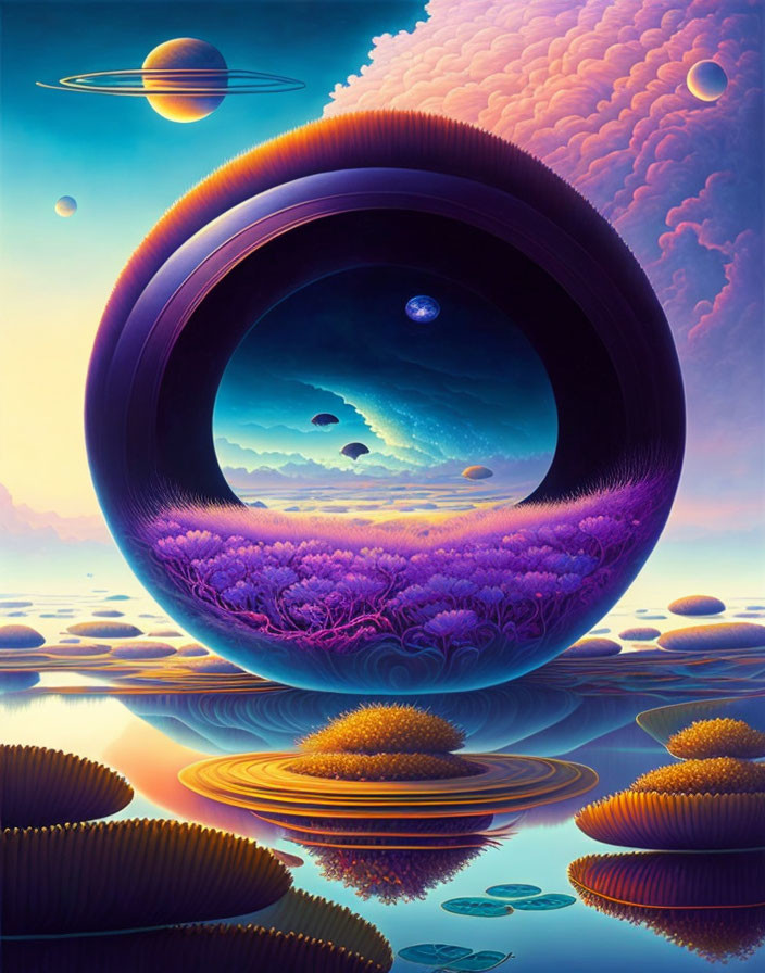 Surreal landscape with circular portal, purple valley, water, planets, and moons