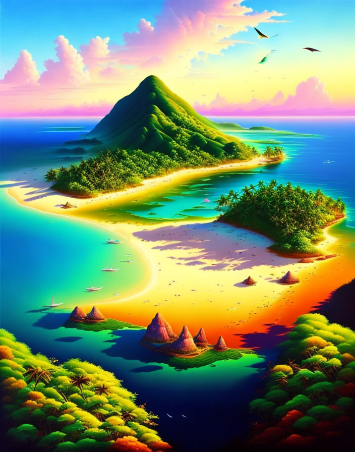 Tropical island scene with lush mountain, colorful trees, serene beach, boats, sunset sky, birds