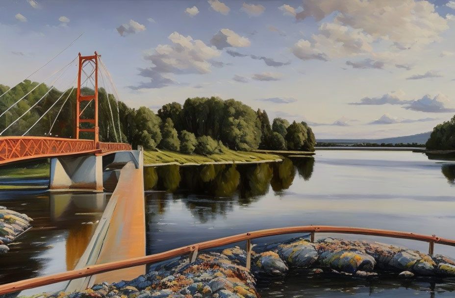 Tranquil painting of red suspension bridge over calm river