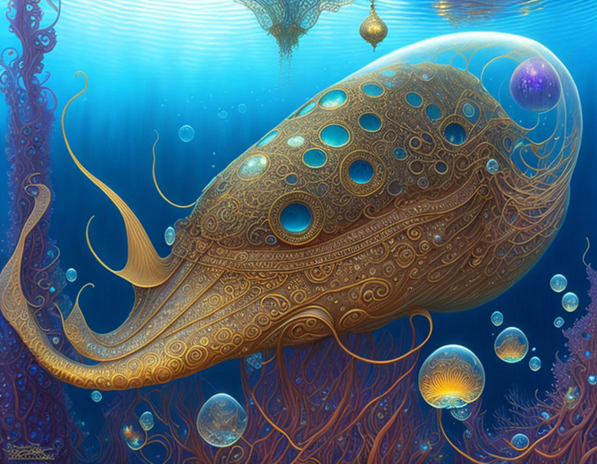 Ornate submarine resembling giant squid in whimsical undersea world