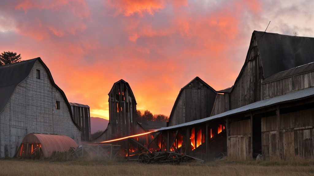 Rural farm scene: sunset with fiery orange clouds, old wooden barns, farming equipment, dramatic