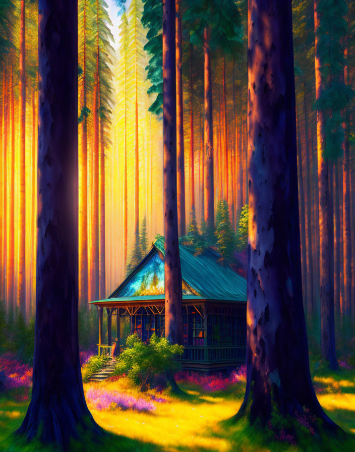 Cozy cabin surrounded by tall trees and sunlight on purple wildflowers