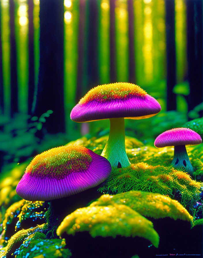 Colorful Purple-Capped Mushrooms in Mossy Forest Scene