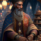 Regal character with beard in turban and robes, surrounded by candles and pottery