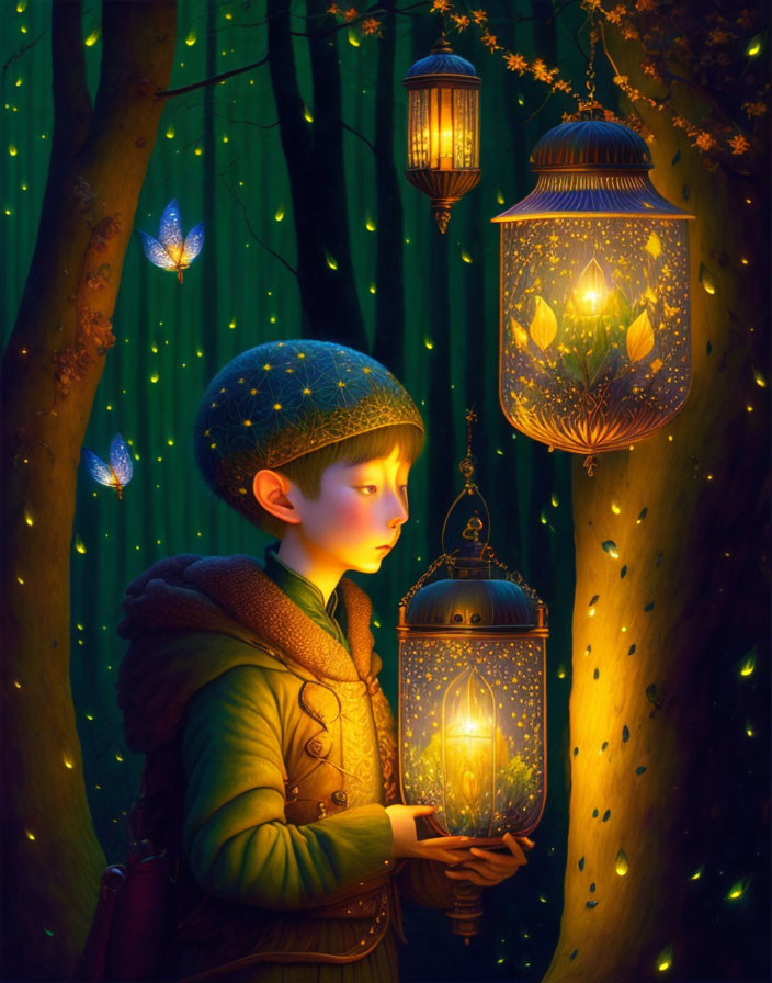 Child in mystical forest with lantern and twinkling lights