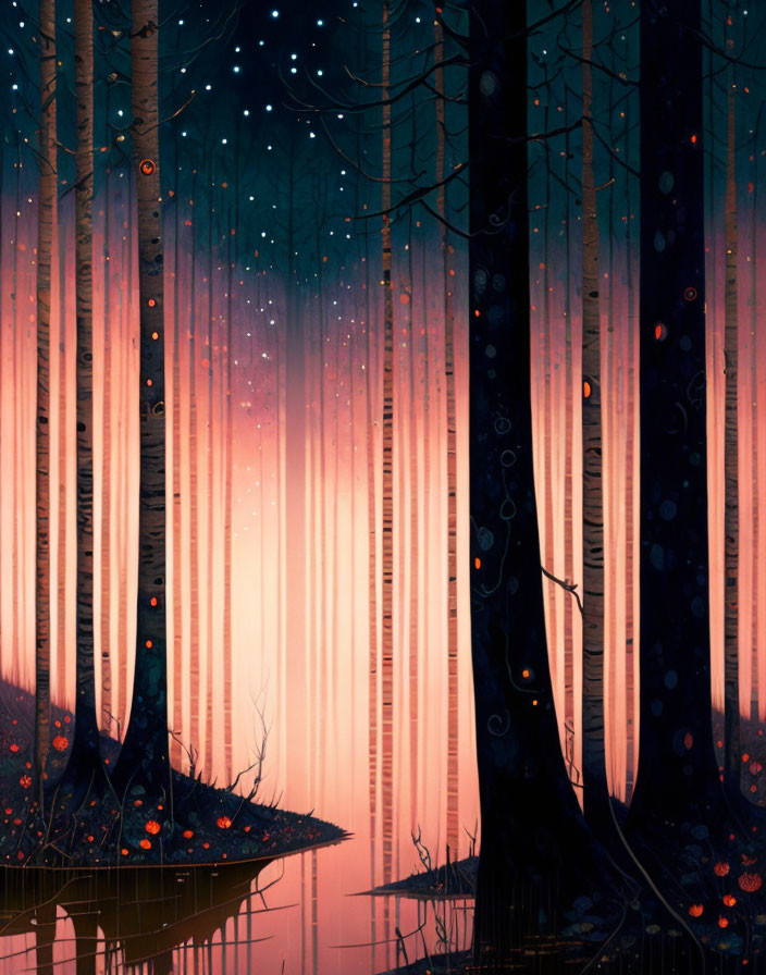 Enchanting forest scene with slender trees and glowing pink-orange sky