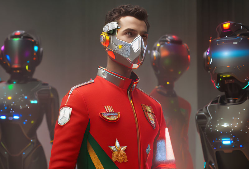 Futuristic man in red uniform with robots in soft light