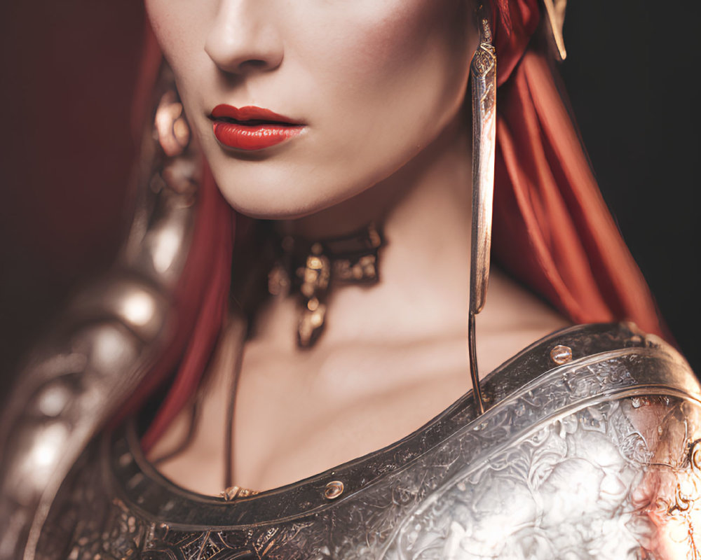 Elaborate golden headgear and armor on woman with red lipstick