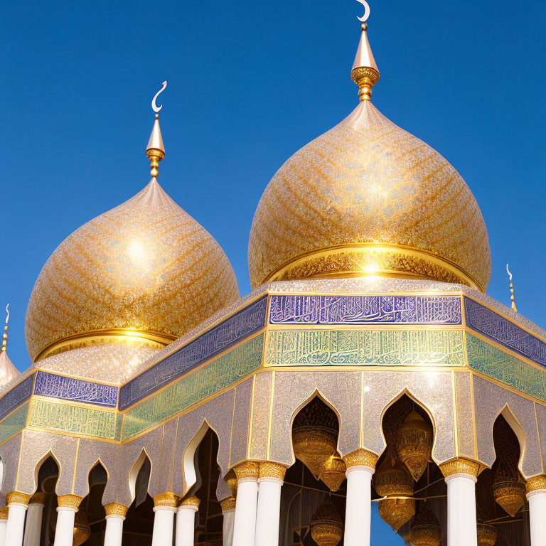 Intricate Arabic Calligraphy on Mosque Domes in Golden Light