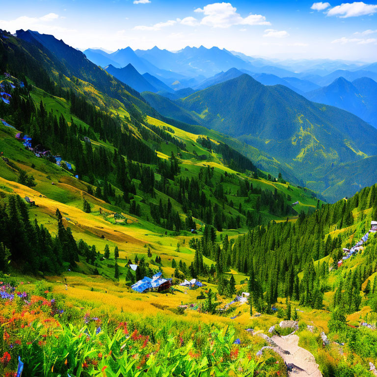 Scenic mountain landscape with green hills, wildflowers, and blue sky