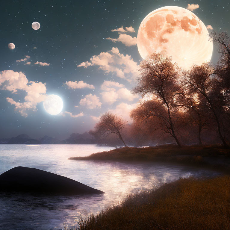Surreal landscape with oversized moon, starry sky, and illuminated trees