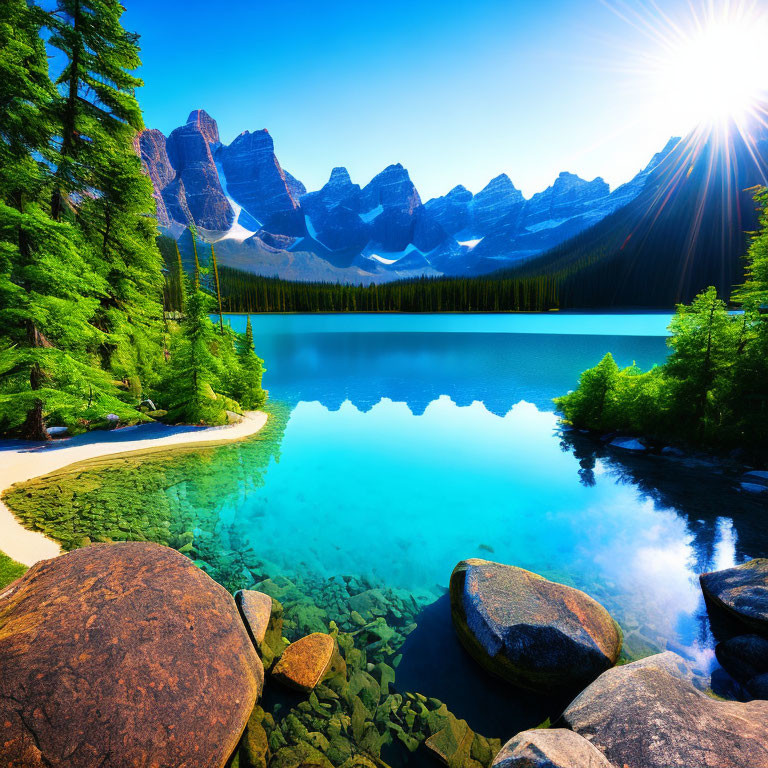 Serene lake reflecting jagged mountains, bright sun, forest, and rocks