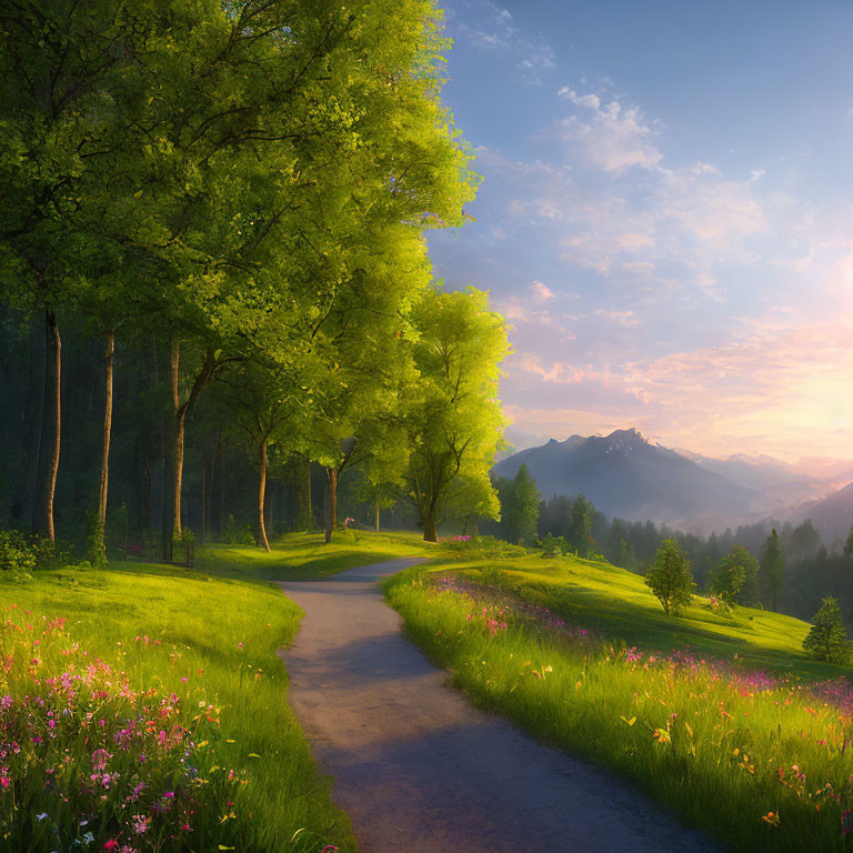 Tranquil pathway in lush green landscape with blooming flowers
