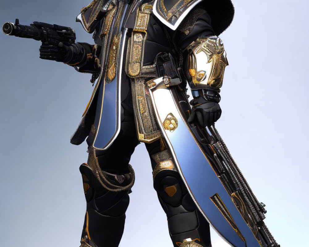 Futuristic character in gold-accented armor with sci-fi rifle and reflective helmet