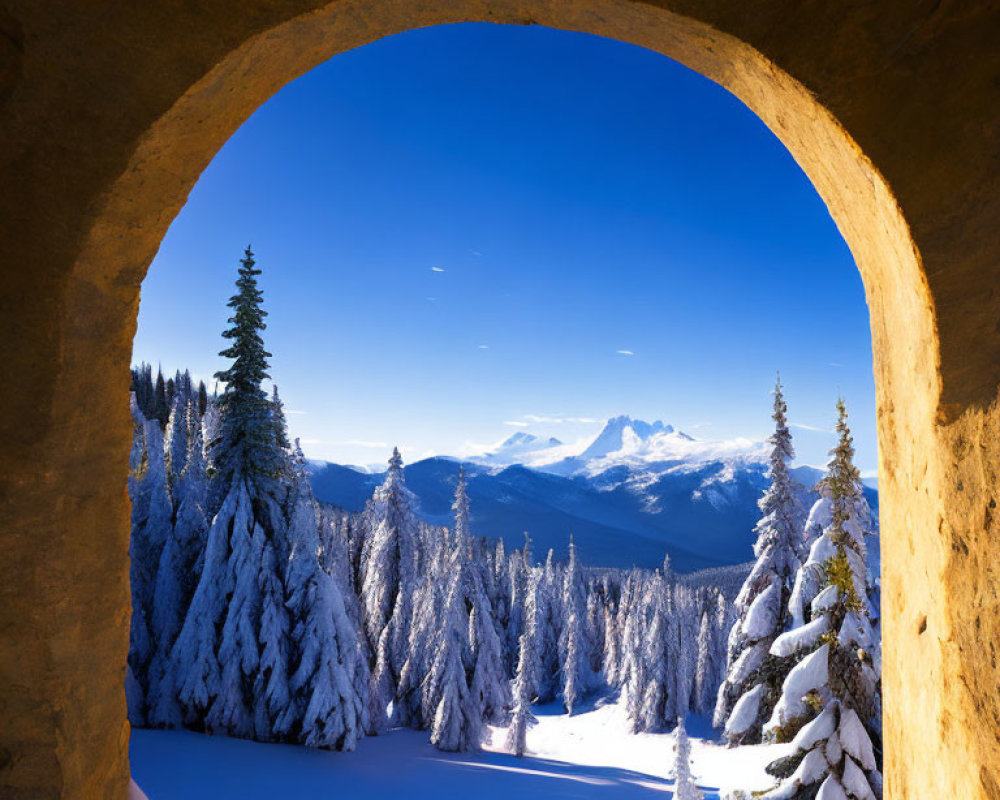 Winter scene: Snowy landscape framed by stone archway, blue skies, distant mountain.
